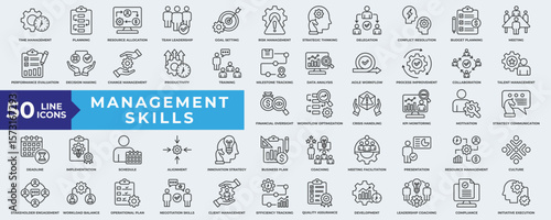 Management skills icon collection set. Containing Time Management, Planning, Leadership, Goal, Training, Strategy and implementation icon. Simple Line vector illustration.