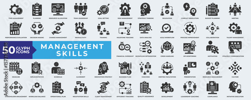 Management skills icon collection set. Containing Time Management, Planning, Leadership, Goal, Training, Strategy and implementation icon. Simple solid vector illustration.