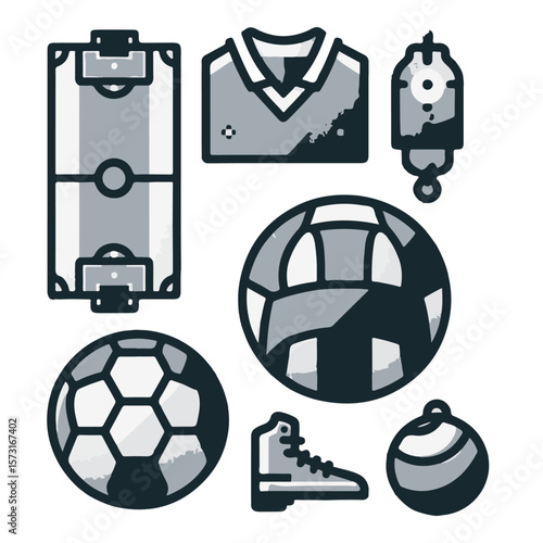 Collection of sports equipment including soccer balls, jerseys, and field layout for athletic activities