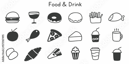 Food and drink icons vector set with coffee, tea, wine, beer, cake, pizza, and sandwich illustrations