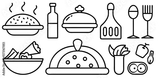 This vector icon set offers a comprehensive illustration of food, kitchen, and restaurant elements for menu design