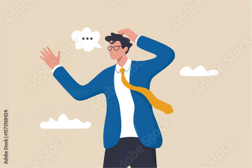 Confused businessman scratching his head with a thought bubble above him contemplating a difficult decision or problem isolated on transparent background