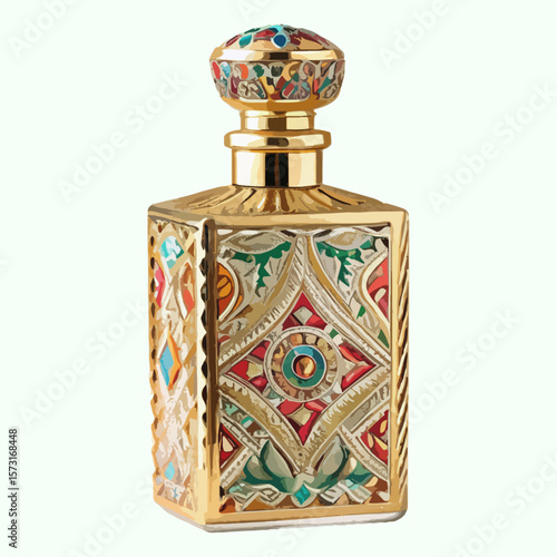Vintage golden glass perfume bottles, ceramic vases, and an antique oil lamp are artful old pottery decorations