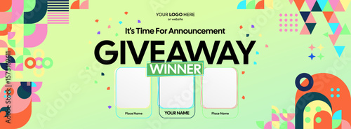 Giveaway winner announcement design with colorful geometric ornaments. Giveaway winner announcement with three winners. Horizontal wide banner, suitable for big mega sale, web and business themes