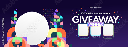 Giveaway winner announcement design with colorful geometric ornaments. Giveaway winner announcement with three winners. Horizontal wide banner, suitable for big mega sale, web and business themes