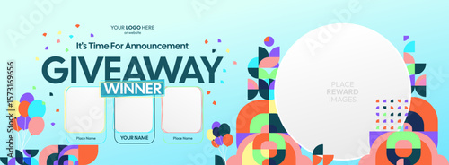 Giveaway winner announcement design with colorful geometric ornaments. Giveaway winner announcement with three winners. Horizontal wide banner, suitable for big mega sale, web and business themes
