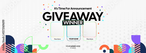 Giveaway winner announcement design with colorful geometric ornaments. Giveaway winner announcement with three winners. Horizontal wide banner, suitable for big mega sale, web and business themes