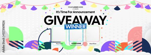 Giveaway winner announcement design with colorful geometric ornaments. Giveaway winner announcement with three winners. Horizontal wide banner, suitable for big mega sale, web and business themes
