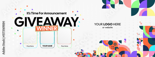 Giveaway winner announcement design with colorful geometric ornaments. Giveaway winner announcement with three winners. Horizontal wide banner, suitable for big mega sale, web and business themes