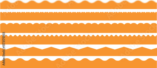 Scalloped edge seamless set. borders and dividers. Simple scalloped border. Repeat cute vintage frill ornament. Texture ribbons. Vector illustration isolated on white background.
