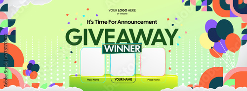 Giveaway winner announcement design with colorful geometric ornaments. Giveaway winner announcement with three winners. Horizontal wide banner, suitable for big mega sale, web and business themes