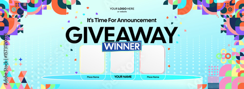 Giveaway winner announcement design with colorful geometric ornaments. Giveaway winner announcement with three winners. Horizontal wide banner, suitable for big mega sale, web and business themes