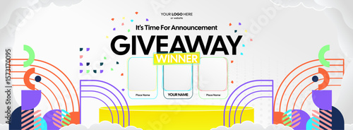 Giveaway winner announcement design with colorful geometric ornaments. Giveaway winner announcement with three winners. Horizontal wide banner, suitable for big mega sale, web and business themes