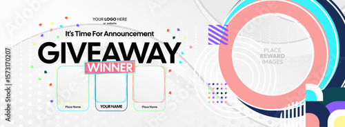 Giveaway winner announcement design with colorful geometric ornaments. Giveaway winner announcement with three winners. Horizontal wide banner, suitable for big mega sale, web and business themes