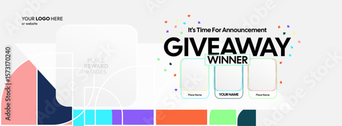 Giveaway winner announcement design with colorful geometric ornaments. Giveaway winner announcement with three winners. Horizontal wide banner, suitable for big mega sale, web and business themes