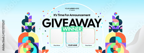 Giveaway winner announcement design with colorful geometric ornaments. Giveaway winner announcement with three winners. Horizontal wide banner, suitable for big mega sale, web and business themes