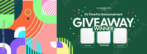 Giveaway winner announcement design with colorful geometric ornaments. Giveaway winner announcement with three winners. Horizontal wide banner, suitable for big mega sale, web and business themes