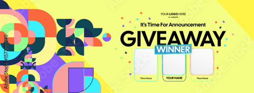 Giveaway winner announcement design with colorful geometric ornaments. Giveaway winner announcement with three winners. Horizontal wide banner, suitable for big mega sale, web and business themes