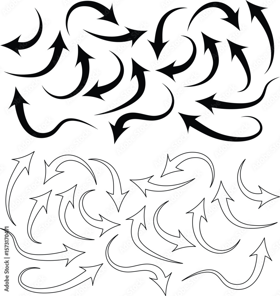 Obraz premium Vector set of black and white curved arrow illustrations against white background