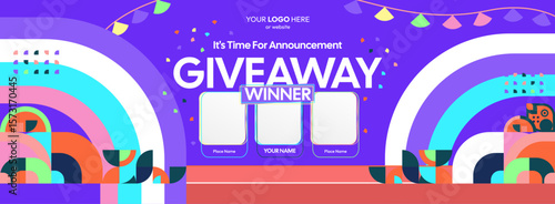 Giveaway winner announcement design with colorful geometric ornaments. Giveaway winner announcement with three winners. Horizontal wide banner, suitable for big mega sale, web and business themes