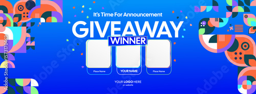 Giveaway winner announcement design with colorful geometric ornaments. Giveaway winner announcement with three winners. Horizontal wide banner, suitable for big mega sale, web and business themes