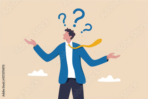 Confused businessman with question marks above his head shrugging his shoulders and gesturing with his hands representing uncertainty and indecision isolated on transparent background