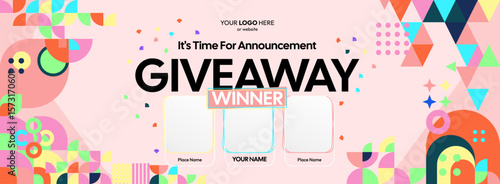 Giveaway winner announcement design with colorful geometric ornaments. Giveaway winner announcement with three winners. Horizontal wide banner, suitable for big mega sale, web and business themes
