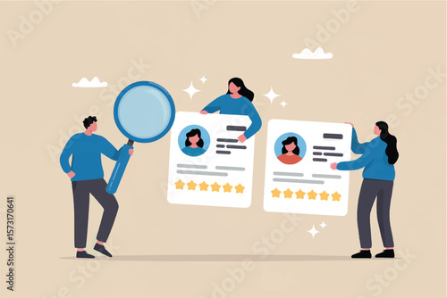 Team of people reviewing resumes and profiles with a magnifying glass highlighting candidates and assessing qualifications isolated on transparent background