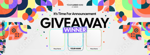 Giveaway winner announcement design with colorful geometric ornaments. Giveaway winner announcement with three winners. Horizontal wide banner, suitable for big mega sale, web and business themes