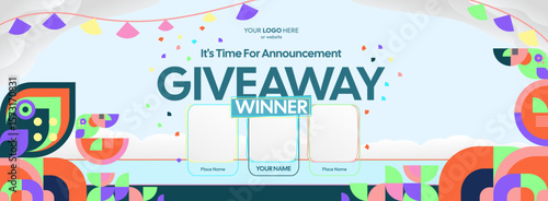 Giveaway winner announcement design with colorful geometric ornaments. Giveaway winner announcement with three winners. Horizontal wide banner, suitable for big mega sale, web and business themes