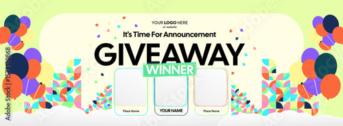 Giveaway winner announcement design with colorful geometric ornaments. Giveaway winner announcement with three winners. Horizontal wide banner, suitable for big mega sale, web and business themes