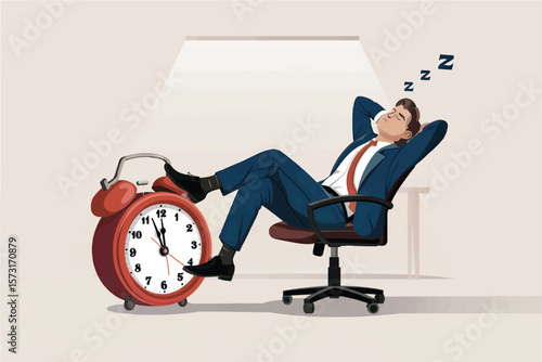 Tired businessman sleeping in office chair with feet on alarm clock representing exhaustion and lack of time management isolated on transparent background