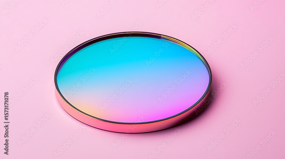 Fototapeta premium A circular optical filter with a gradient blue to pink tint on a pink background, reflecting light with iridescent hues.