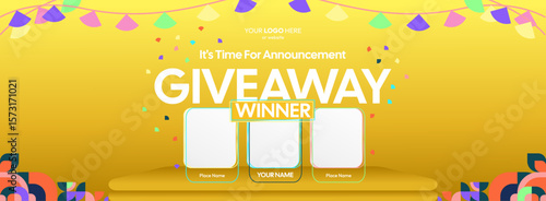 Giveaway winner announcement design with colorful geometric ornaments. Giveaway winner announcement with three winners. Horizontal wide banner, suitable for big mega sale, web and business themes
