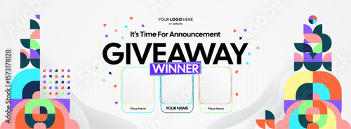 Giveaway winner announcement design with colorful geometric ornaments. Giveaway winner announcement with three winners. Horizontal wide banner, suitable for big mega sale, web and business themes