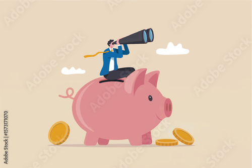 Businessman with binoculars sitting on a piggy bank looking into the distance with coins around isolated on transparent background