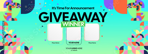 Giveaway winner announcement design with colorful geometric ornaments. Giveaway winner announcement with three winners. Horizontal wide banner, suitable for big mega sale, web and business themes