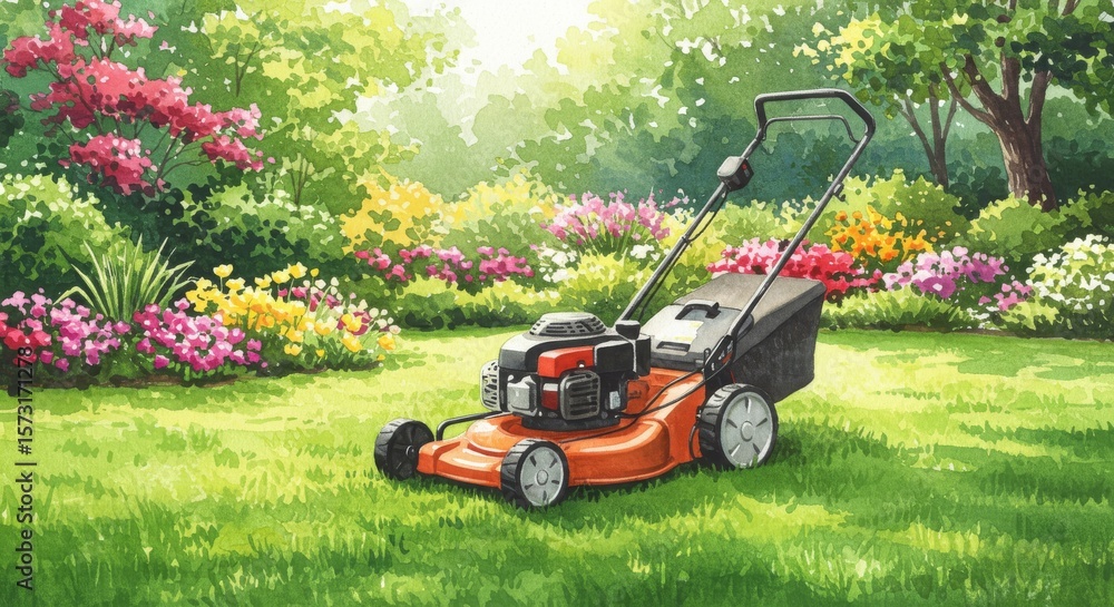 Fototapeta premium Spring Lawn Care with Gas Mower - A red gas-powered lawn mower sits in a lush green lawn surrounded by colorful flowers. Perfect for spring lawn care