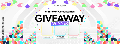 Giveaway winner announcement design with colorful geometric ornaments. Giveaway winner announcement with three winners. Horizontal wide banner, suitable for big mega sale, web and business themes