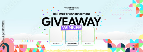 Giveaway winner announcement design with colorful geometric ornaments. Giveaway winner announcement with three winners. Horizontal wide banner, suitable for big mega sale, web and business themes