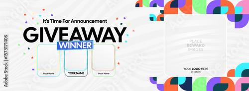 Giveaway winner announcement design with colorful geometric ornaments. Giveaway winner announcement with three winners. Horizontal wide banner, suitable for big mega sale, web and business themes