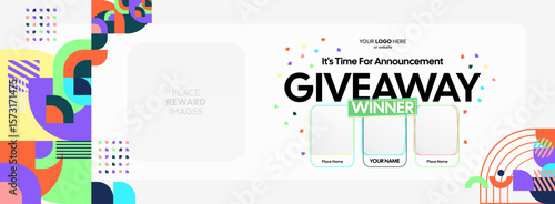 Giveaway winner announcement design with colorful geometric ornaments. Giveaway winner announcement with three winners. Horizontal wide banner, suitable for big mega sale, web and business themes