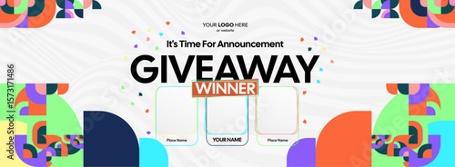 Giveaway winner announcement design with colorful geometric ornaments. Giveaway winner announcement with three winners. Horizontal wide banner, suitable for big mega sale, web and business themes