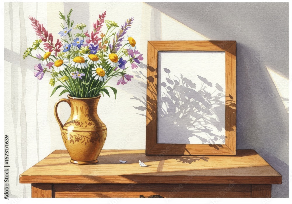 Summer Bouquet and Empty Frame - A golden vase filled with wildflowers sits on a wooden table next to an empty picture frame, sunlight casting shadows Summer Bouquet and Empty Frame - A golden vase filled with wildflowers sits on a wooden table next to an empty picture frame, sunlight casting shadows