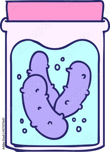 hand drawn cartoon doodle jar of pickled gherkins in bright neon color