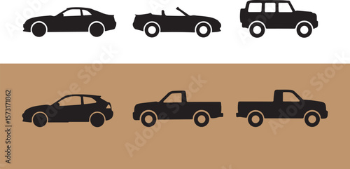 Silhouetted black cars collection featuring different automotive vehicle types for transport concepts