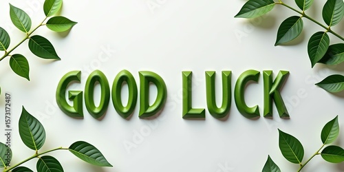 Card or banner with green lettering good luck, with green branches and leaves. Motivational message for important events, exams, job interview, finals. Phrases and words for support