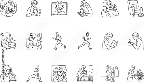 Line art illustrations various lifestyle activities people in different settings