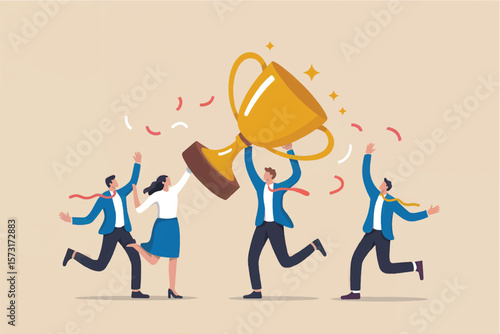 Diverse team celebrating victory by raising a golden trophy with confetti falling around them symbolizing success and achievement isolated on transparent background