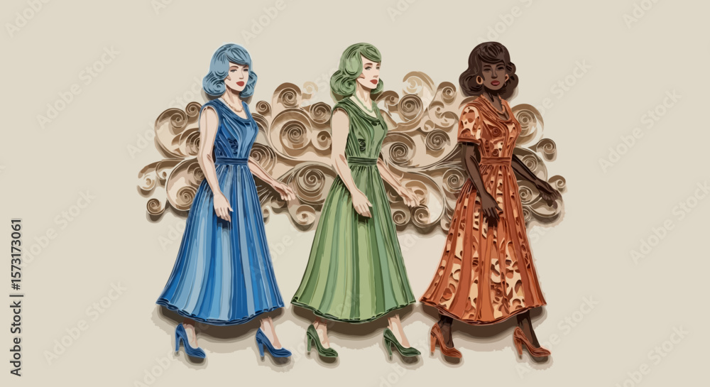 Fototapeta premium Three Diverse Women Walking Together in Vintage Paper-Cut Style Against Cream Background